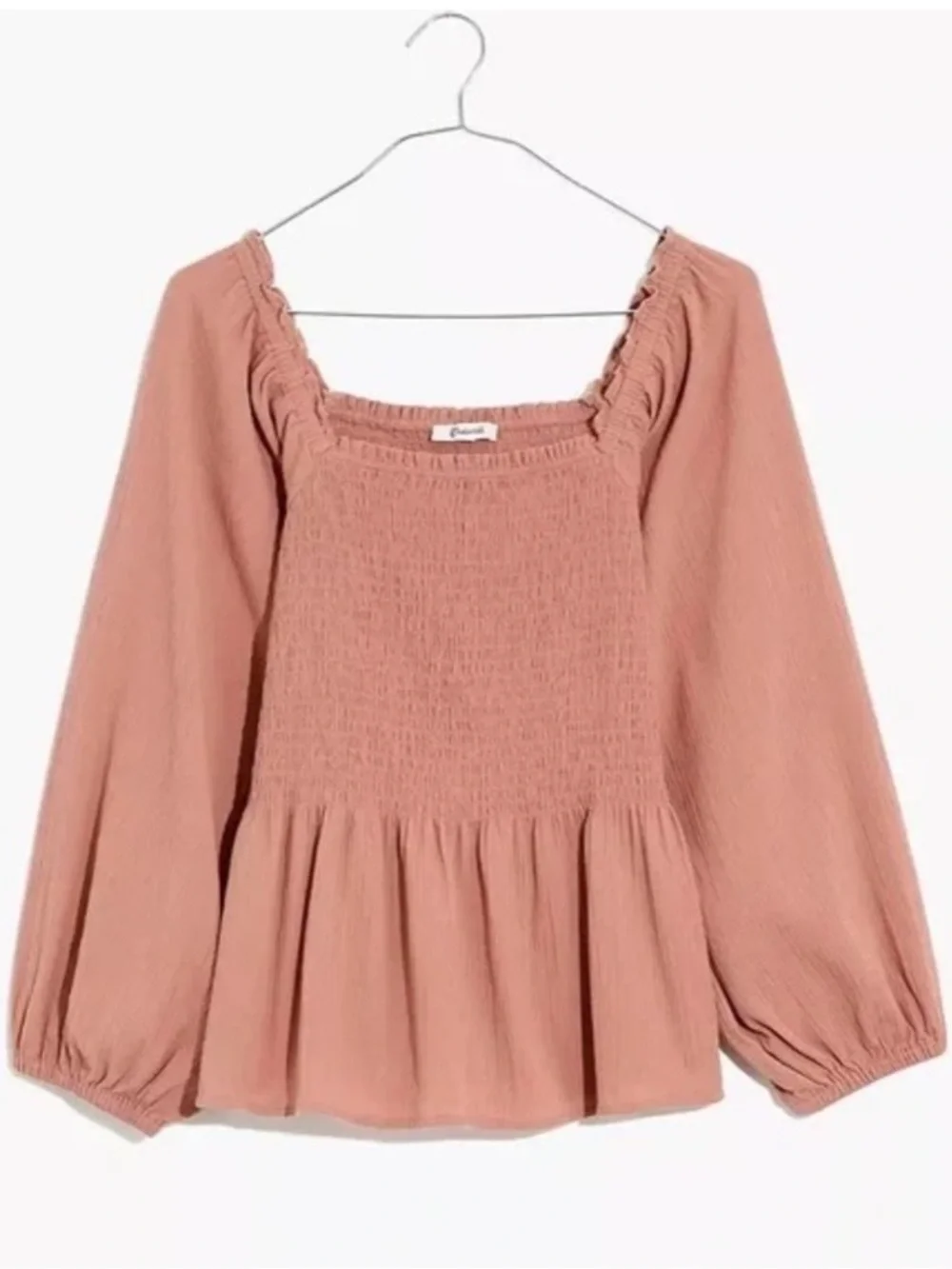 Madewell Smocked Square Neck Puff Sleeve Peplum Top in Dusty Rose